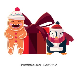 penguin and gingerbread man with gift box on white background vector illustration design