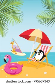 Penguin and giraffe in the tropics. Vector summer illustration.