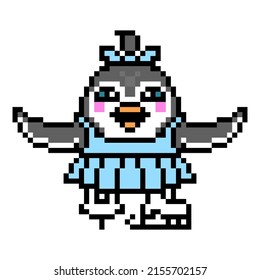 Penguin girl figure skating, cute pixel art animal character isolated on white background. Old school retro 80's, 90's 8 bit slot machine, computer, video game graphics. Cartoon winter sport mascot.