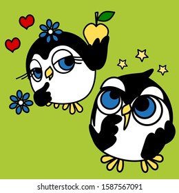 penguin girl holds an apple to her boyfriend surrounded by hearts, vector valentine`s day card in simple cartoon style