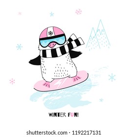 penguin girl on snowboard , funny animal character