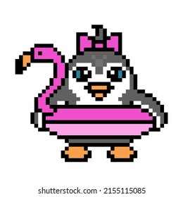 Penguin girl with a pink flamingo swim ring, cute cartoon pixel art animal character isolated on white background. Old school retro 80s, 90s 8 bit slot machine, video game graphics. Summer fun mascot.