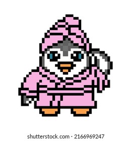 Penguin Girl In A Pink Hair Towel Wrap And Bathrobe After Taking A Bath Or A Shower, Pixel Art Animal Character On White. Retro 8 Bit Video Game Graphics. Cartoon Spa Resort Mascot. Beauty Care Woman.