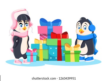 Penguin Girl in pink hat, scarf and shoes, and Penguin Boy in blue hat, scarf and shoes near the Pile of Gifts. Colored Gift Boxes for any Holidays. Two Cute Penguins. Print. On a White Background.