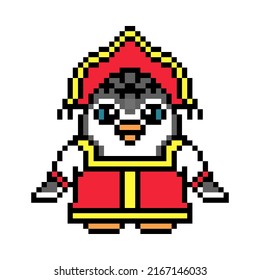 Penguin girl in a traditional russian costume (sarafan, kokoshnik), pixel art animal character isolated on white background. Old school retro 8 bit slot machine, video game graphics. Cartoon mascot.