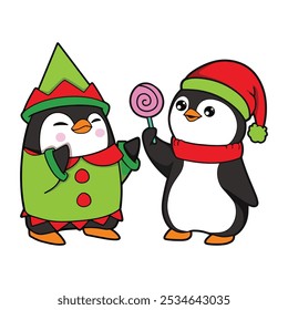 Penguin giving a christmas present to his love - cute holiday vector illustration