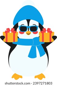 Penguin With Glasses Holding Gift Box Illustration