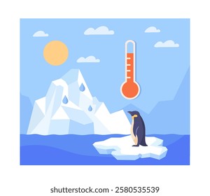 Penguin with global warming. Animal at ice floe. Global environmental problems and climate change. Rising temperatures in Antarctica and Arctic. Flat vector illustration