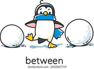 Pingüino va entre bolas de nieve. Preposición de movimientos y lugar para aprender inglés. Niños vector de dibujos animados de animales divertidos con descripción. Ilustración aislada para niños