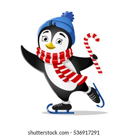 Penguin goes skating. Vector illustration.