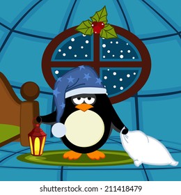 penguin goes to sleep - vector illustration, eps