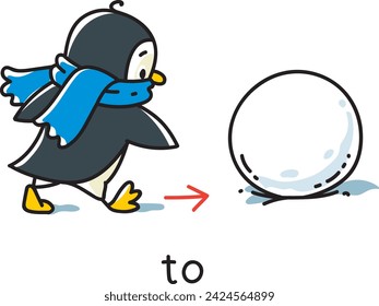 Der Pinguin geht zum Schneeball. Präposition von Bewegungen und Ort für das Lernen Englisch. Kinder Vektor-Cartoon des lustigen Tieres mit Beschreibung. Isolierte Illustration für Kinder