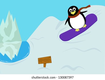 Penguin goes snowboarding