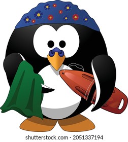 penguin going to surf with board and towel