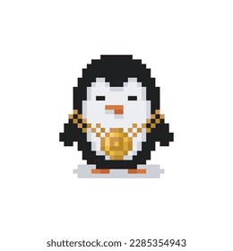 Penguin with gold chain, animal meme pixel art