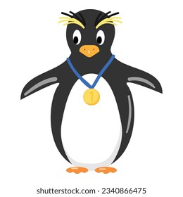 Penguin with gold medal icon cartoon vector. Animal action. Holiday snow