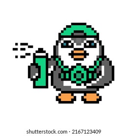 Penguin graffiti artist with a paint sprayer and respirator, pixel art animal character isolated on white background. Retro 80s, 90s 8 bit slot machine, video game graphics. Cartoon street art mascot.