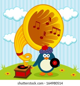 penguin with a gramophone - vector illustration