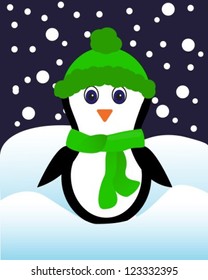 penguin in a green hat and scarf standing in the snow
