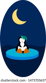 A penguin in a green hat sitting on a floating ice in the middle of the night with a moon, vector, color drawing or illustration.
