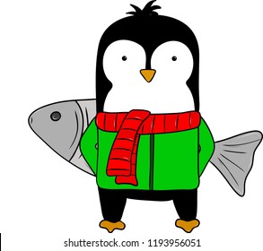 Penguin in a green jacket and a red scarf holds a big fish behind. The picture is made in a vector.