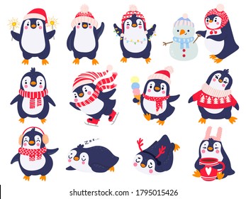 Penguin. Hand drawn cute penguins in winter clothing and hat, merry christmas greetings animals in outerwear, kids cartoon vector set. Penguin animal winter, illustration sketch holiday character