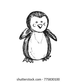 Penguin, hand drawn doodle sketch, isolated vector outline illustration