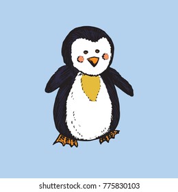 Penguin, hand drawn doodle sketch, isolated vector color
 illustration