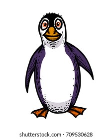 Penguin hand drawn image. Original colorful artwork, comic childish style drawing.