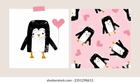 Penguin hand drawn on a pink background with hearts, cute children card and seamless pattern set, wall art design