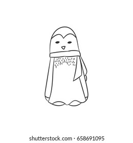 Penguin in hand drawn style for cards, fabric and nursery decor. Vector illustration. Isolated on white background