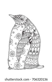 Penguin. Hand-drawn penguins  with ethnic floral doodle pattern. Coloring page - zendala, design for meditation for adults, vector illustration, isolated on a white background. Zen doodles.