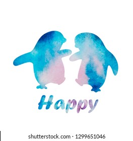 penguin happiness dance couple silhouette cute vector watercolor