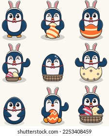 Penguin Feliz Pascua. Cute Pingüino sobre el tema de Pascua en caricatura. Ilustración vectorial. Aislado sobre fondo blanco. Juego de vectores de vacaciones de Pascua.
