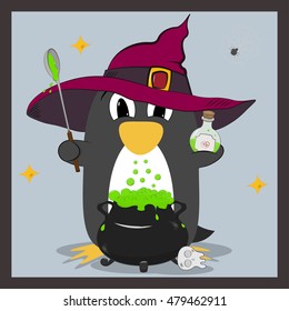 penguin in hat brews a potion