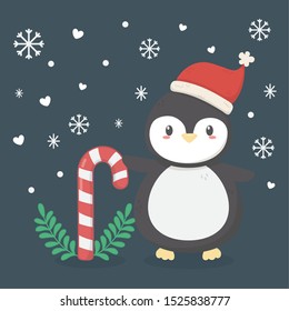 penguin with hat and cany cane snowflakes celebration merry christmas poster vector illustration