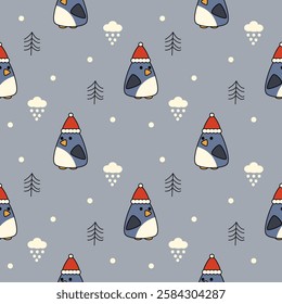 Penguin and hat cartoon so cute. On cloud snow tree background. Pattern seamless vector illustration. 