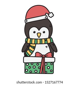 penguin with hat and gift box decoration merry christmas vector illustration