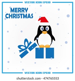 Penguin in the hat and gift box. Icon vector EPS 10. Merry Christmas greetings