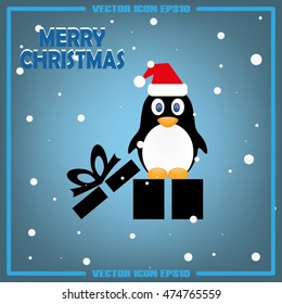 Penguin in the hat and gift box. Icon vector EPS 10. Merry Christmas greetings