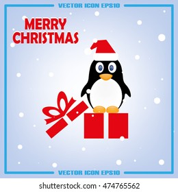 Penguin in the hat and gift box. Icon vector EPS 10. Merry Christmas greetings