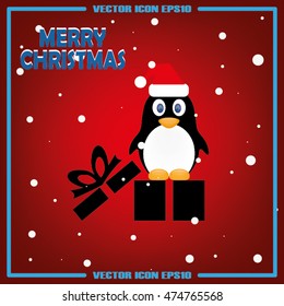 Penguin in the hat and gift box. Icon vector EPS 10. Merry Christmas greetings
