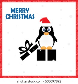 Penguin in the hat and gift box. Icon vector EPS 10. Merry Christmas greetings