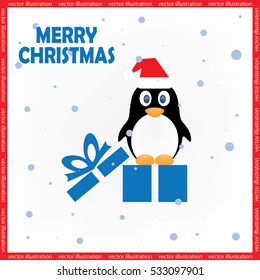 Penguin in the hat and gift box. Icon vector EPS 10. Merry Christmas greetings
