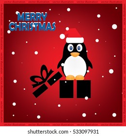 Penguin in the hat and gift box. Icon vector EPS 10. Merry Christmas greetings