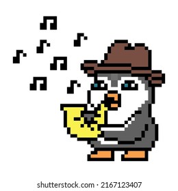 Penguin in a hat playing saxophone, pixel art animal character on white background. Old school retro 80s, 90s 8 bit slot machine, video game graphics. Cartoon jazz musician mascot. Woodwind instrument