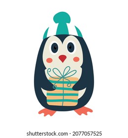 Penguin in a hat with a pompon and with a gift in his wings-hands. Cartoon character. Vector hand drawn illustration