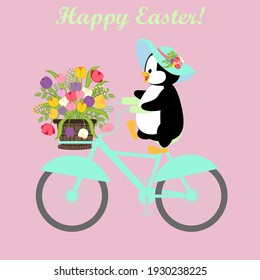 Penguin in hat riding bicycle on the pink background. Vector illustration