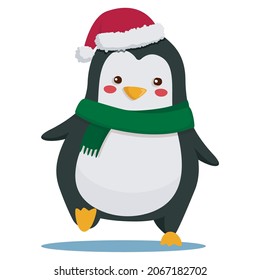 penguin with hat and scarf celebration merry christmas vector illustration art 