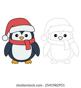 Penguin with hat and scarf coloring pages for kids. Trace and color penguin. Penguin with red hat and scarf isolated on white background. Kindergarten and preschool worksheets printable for kids. 